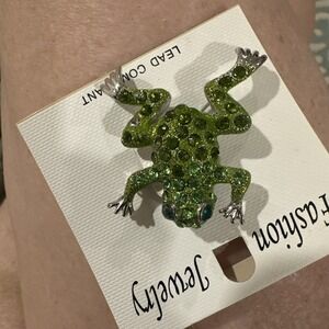 Green Rhinestone Frog Brooch 2" Pin‎ Jewelry Sparkly Costume Froggy Fun